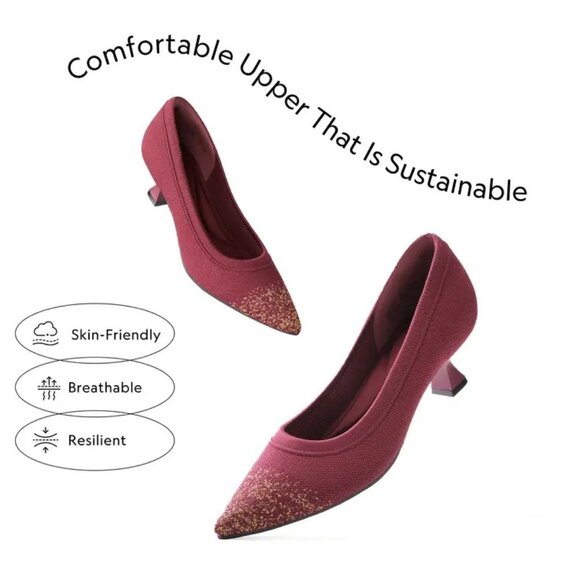 Women’s Low Block Heel Pumps – Pointed Toe Knit Dress Shoes, Comfortable Slip-On - Picture 2 of 5